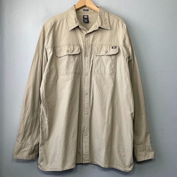 Dickies Mens Size XL Tan Khaki Button Up Ripstop Shirt Utility Workwear Casual - Picture 1 of 9